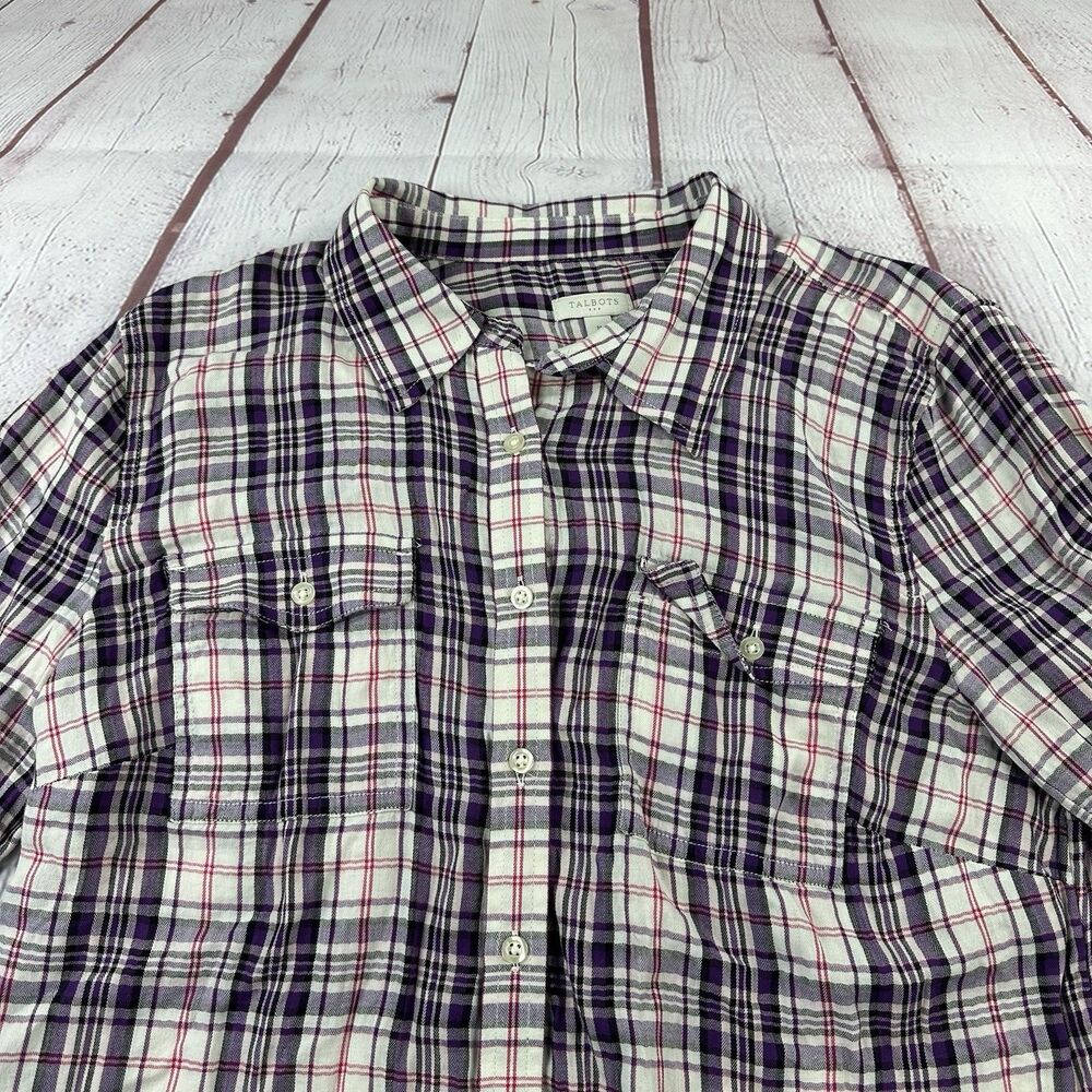 Talbots Plaid Long Sleeve Top Purple Size M